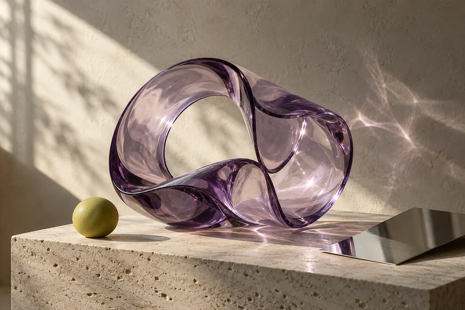 A translucent purple glass sculpture on a travertine plinth in warm studio light